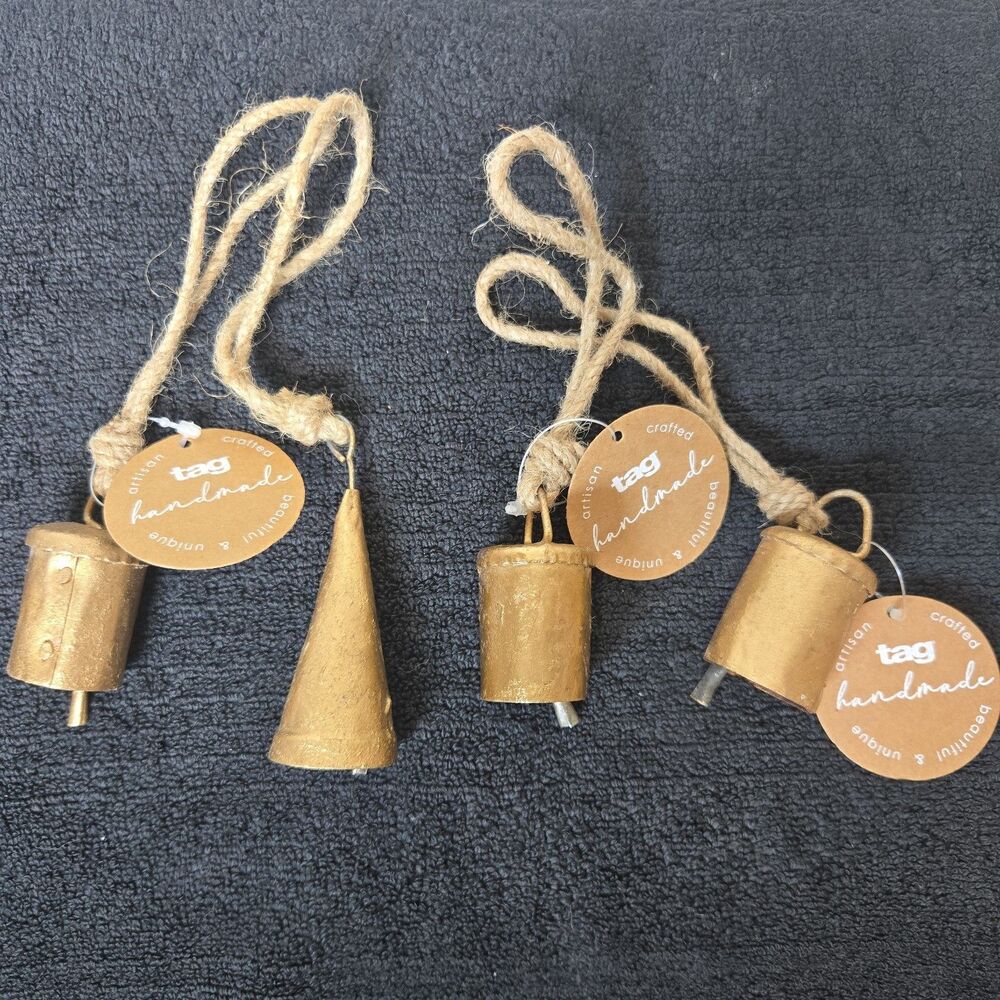 Set of 4 tag Brand Rustic Artisan Hanging Mini Gold Cow Bells with Jute Rope